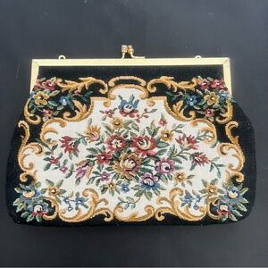 Vintage Du-Val Petit Point Roses Floral Tapestry Clutch Kiss Lock 8” x 6”